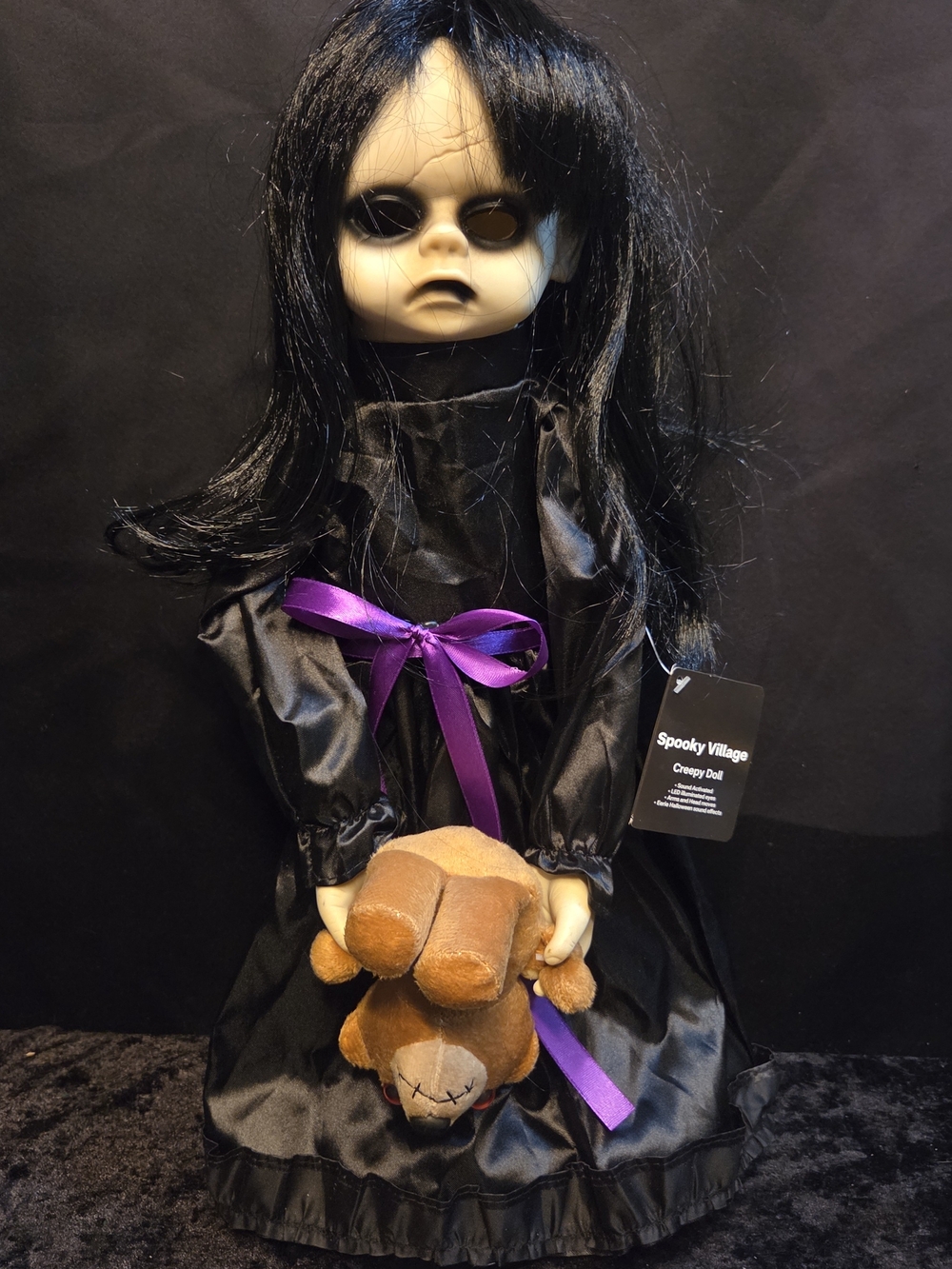 Spooky Village Halloween Animated Creepy Doll with Red Eyes & Teddy Bear NWT